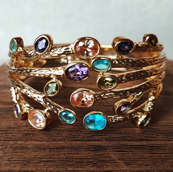 Gold Tone NEW Clamper Bracelet Multi Gemstone Open Back Topaz Citrine Purple - Picture 2 of 12